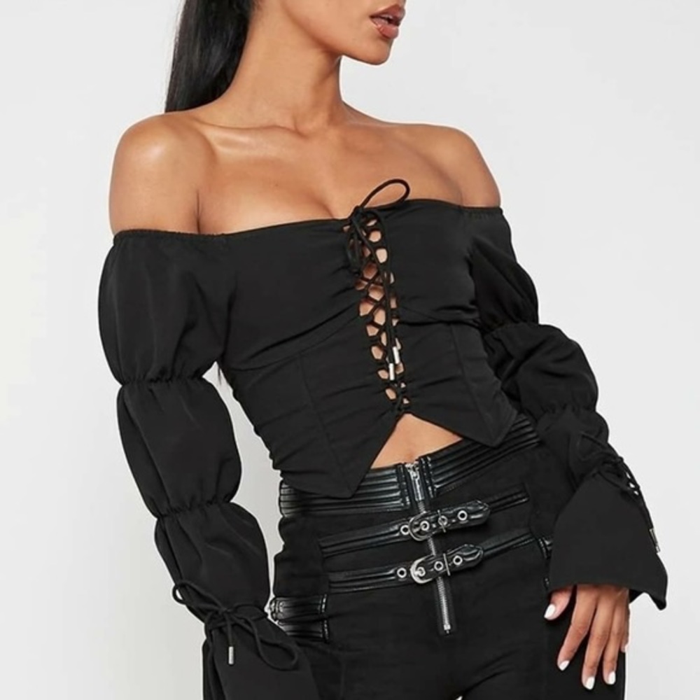 Maniere De Voire | Puff Sleeve Lace Up Top Size UK 6 / US 2